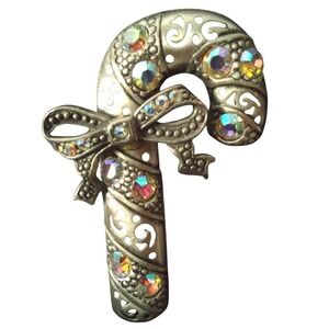 Sparkling Candy Cane Brooch Rhinestone Holiday Festive Jewelry Gift Accessory